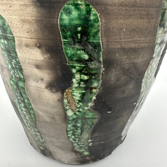 Vintage Raku Pottery Planter Vase Signed St John 99 Black Green Abstract Seaweed - Picture 8 of 10